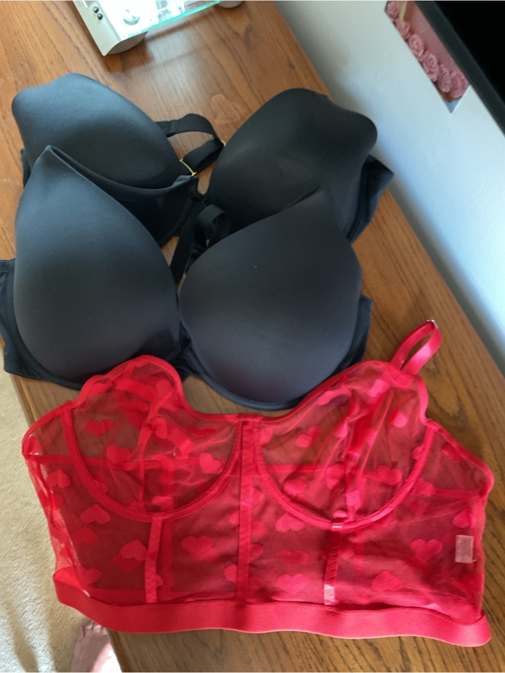 1 Black Padded Bra,  lack Bra and Red Sheer Heart Bralette Set